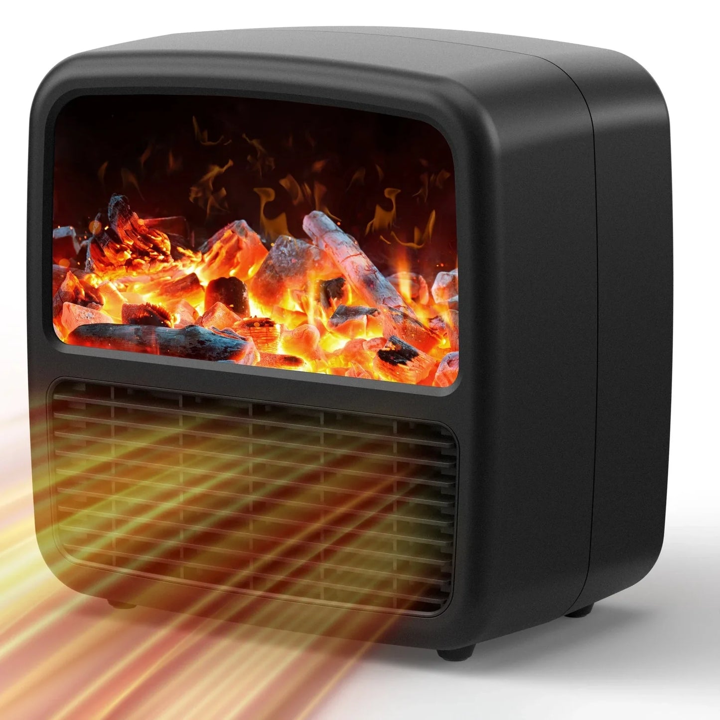 Compact black electric desktop heater with ceramic heating technology and mechanical controls for winter warmth