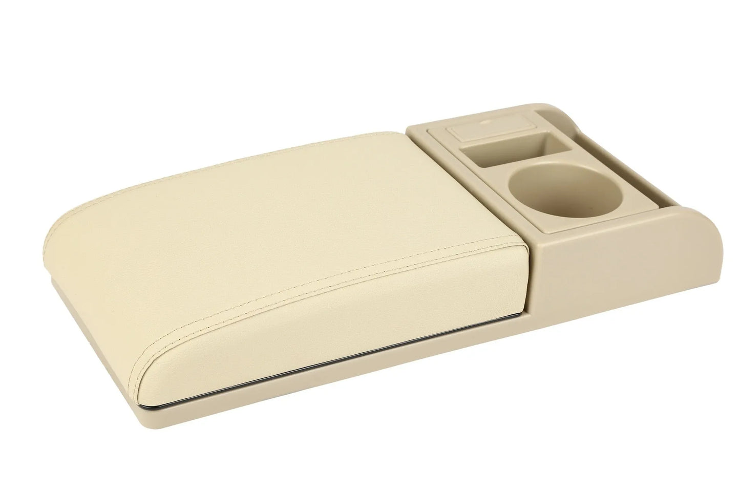 Universal plastic car armrest cover showing height increase with PU leather and carbon fibre surface options