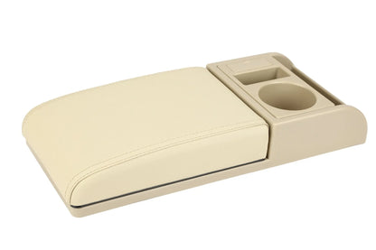 Universal plastic car armrest cover showing height increase with PU leather and carbon fibre surface options