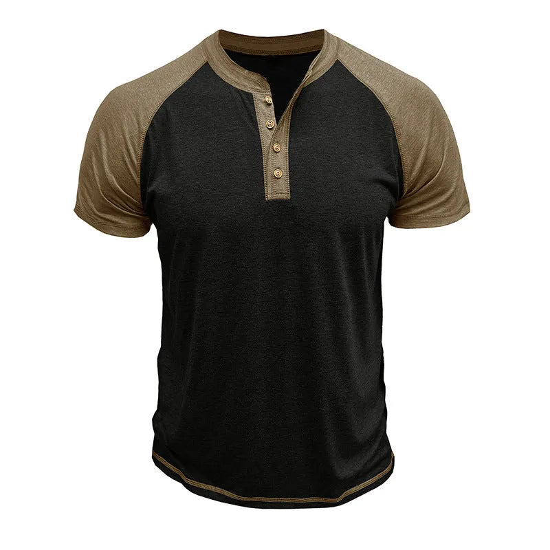 Men's short sleeve top with colour block design showing contrasting colour panels and raglan sleeves