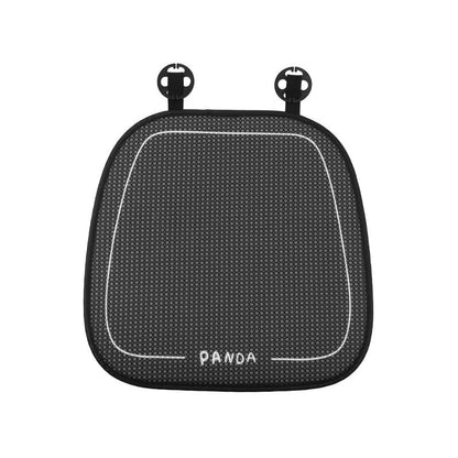 Cartoon panda design plush lumbar support cushion for car seats on a grey background.