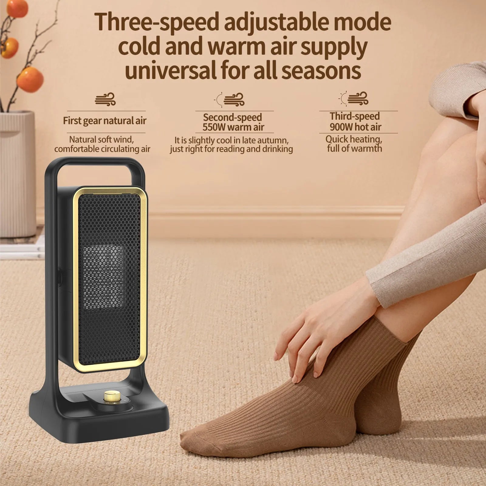 Black PTC ceramic desktop air heater with knob control, dimensions 14.9cm wide by 33.5cm high