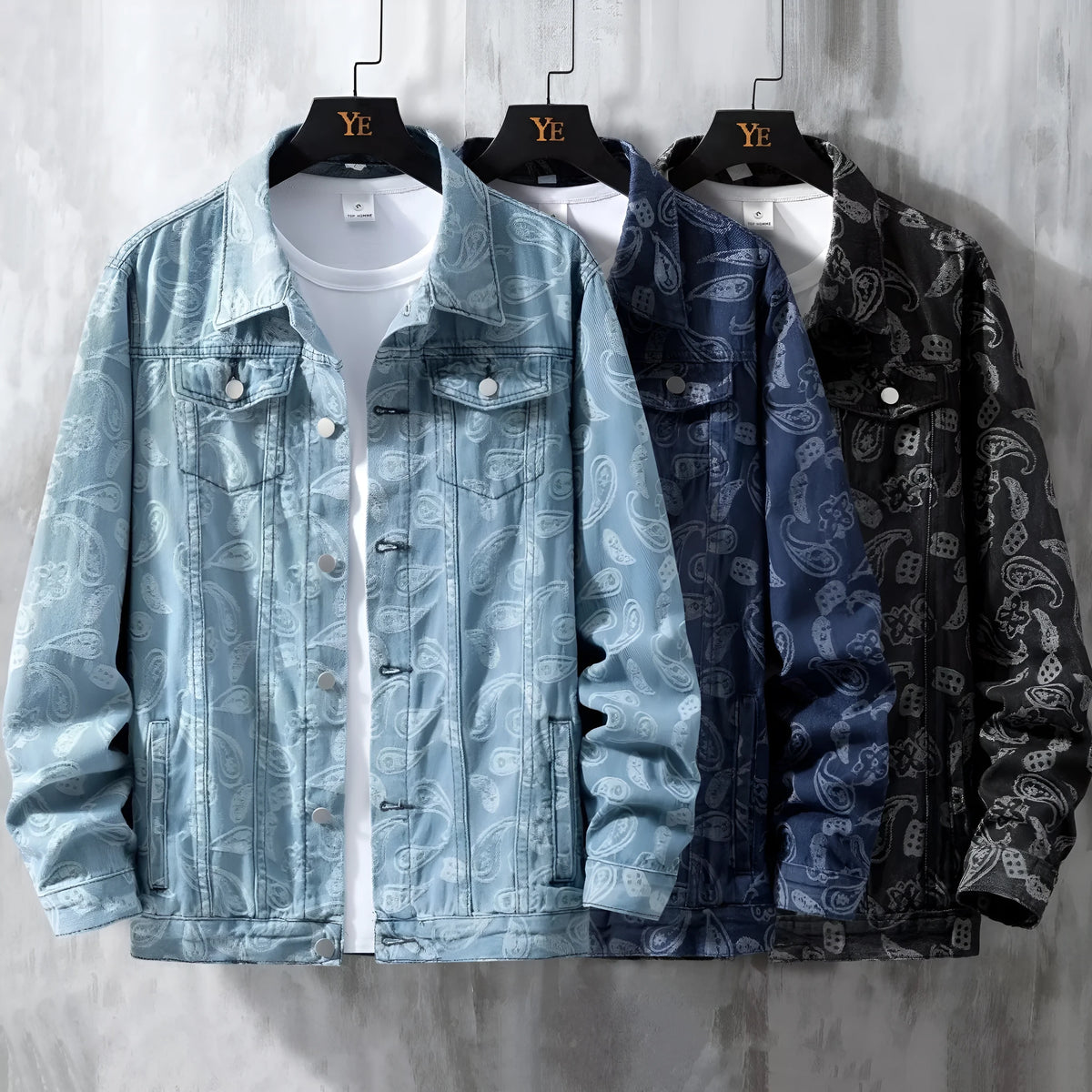 Men's slim fit printed jacquard denim coat in black with patch pockets and drawstring casing