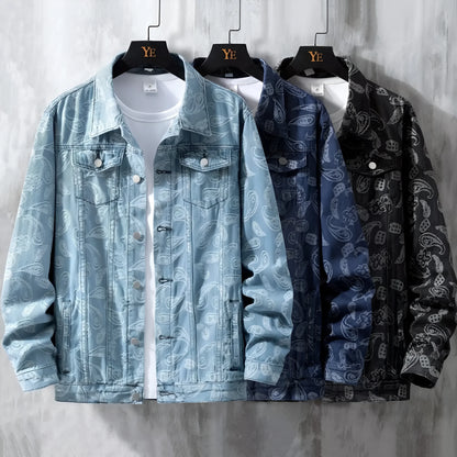 Men's slim fit printed jacquard denim coat in black with patch pockets and drawstring casing
