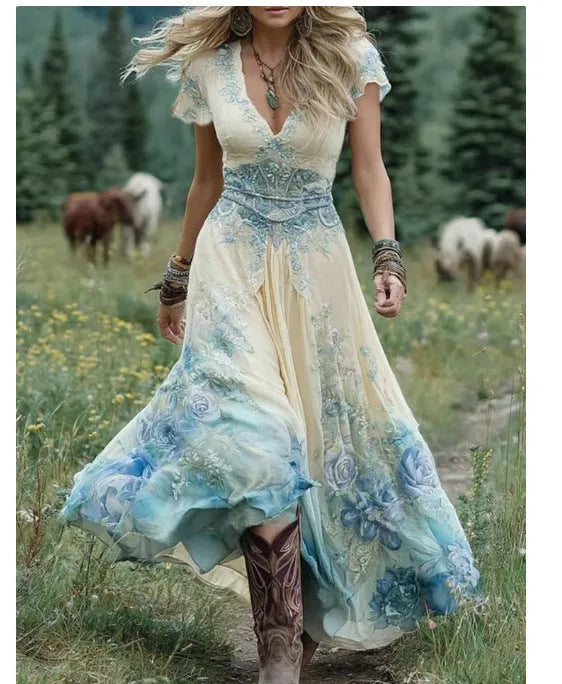 Women's loose fit deep V-neck short sleeve dress with creative pattern totem design in artistic retro style