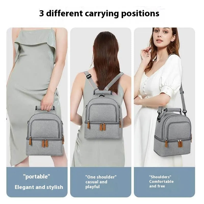 Grey women's thermal insulation backpack made from Oxford cloth with curved shoulder straps