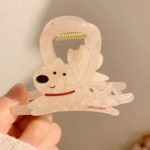 Korean style cartoon puppy hair barrette clip with grip design in beige or brown
