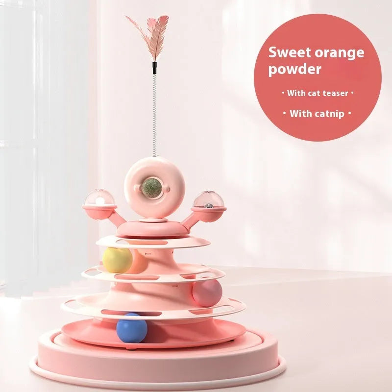 Four-level cat toy turntable tower with roller balls and 360-degree top ball in PP