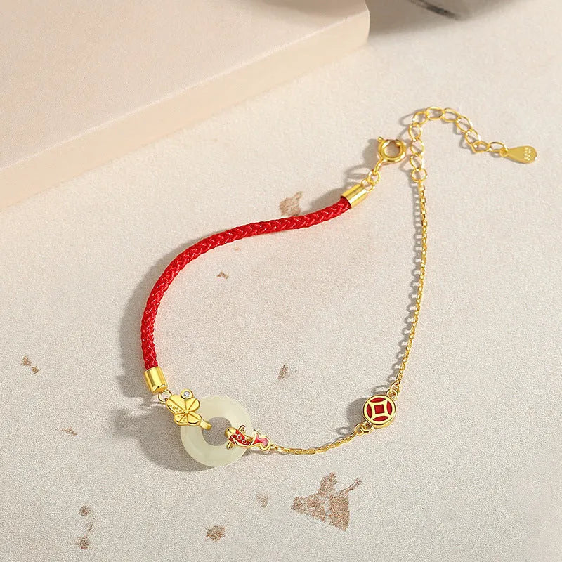 Women's retro 925 silver bracelet with gold electroplated koi fish and peace buckle design