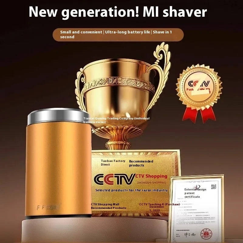 Mini gold and black men's electric shaver with washable design and low-noise brushless motor.