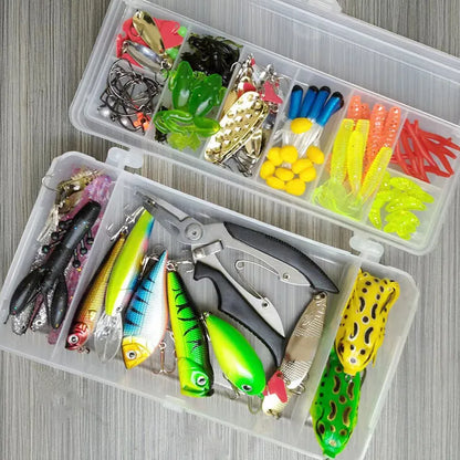 142-piece fishing lure set with metal baits, plastic lures, sequins, and fishing pliers organised in tackle box