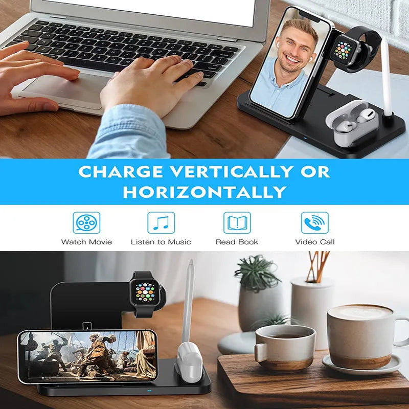 Black four-in-one wireless phone charger with QC3.0 charging head
