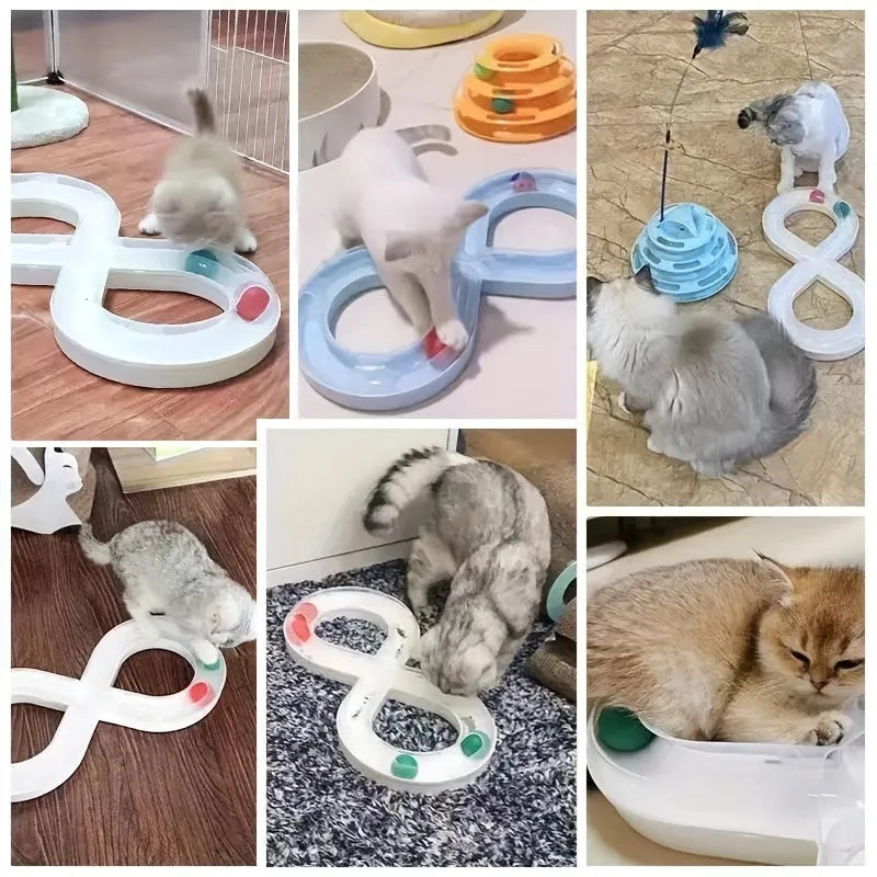 Interactive cat turntable track toy with ball system and teasing stick for feline enrichment