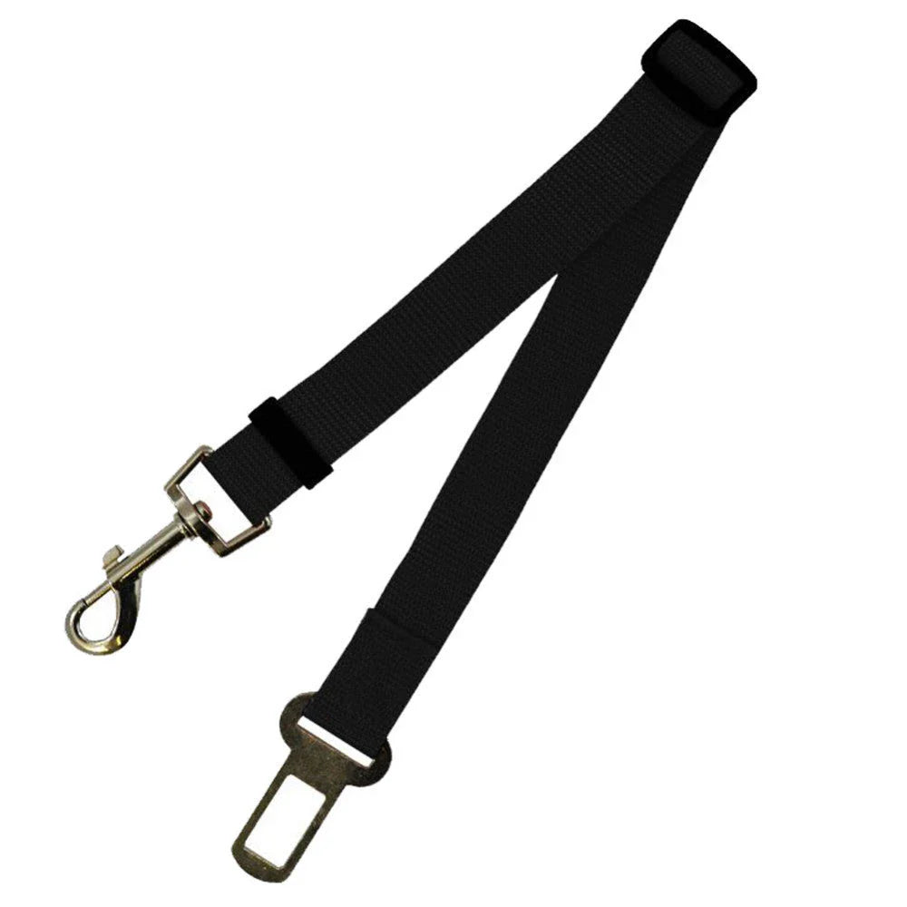 Adjustable dog seat belt with secure clip and buckle for attaching to pet harness and vehicle seatbelt