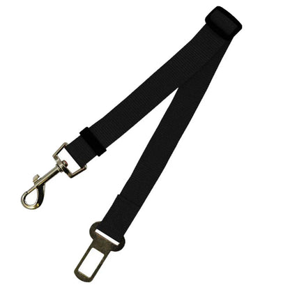 Adjustable dog seat belt with secure clip and buckle for attaching to pet harness and vehicle seatbelt