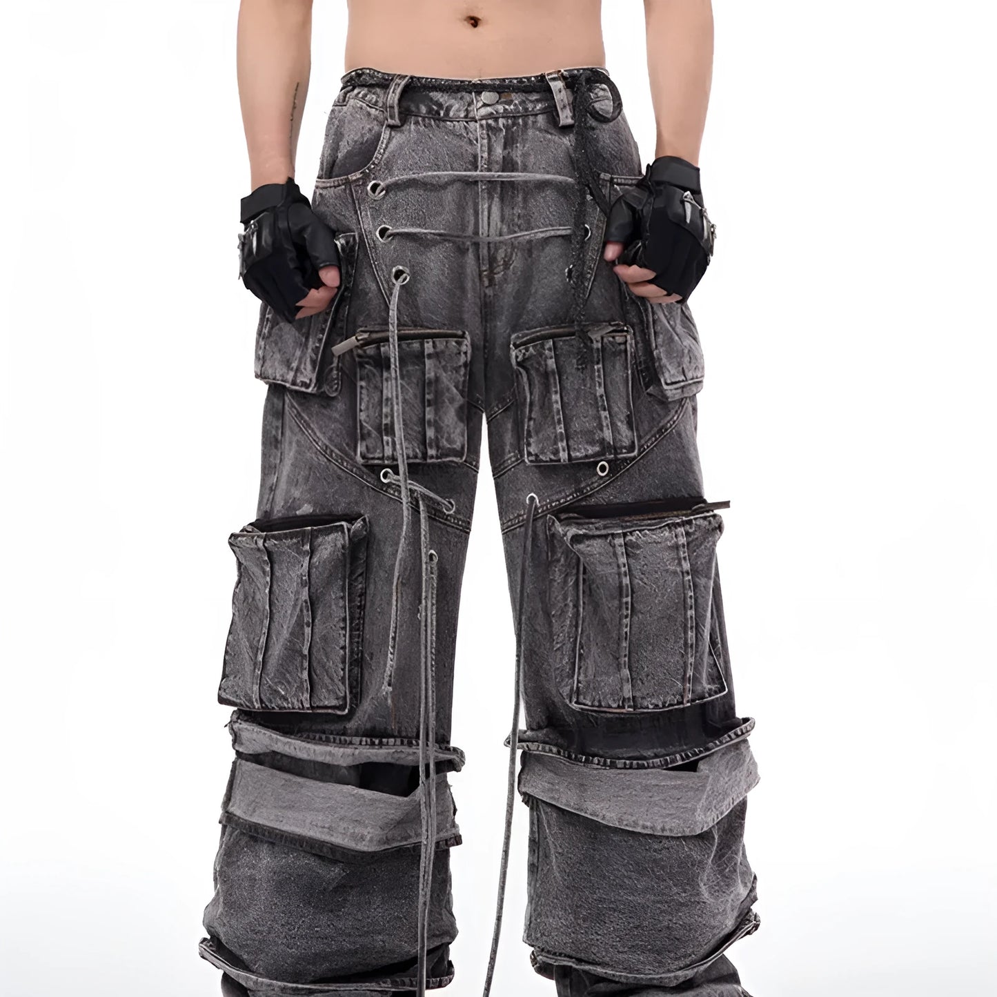 Grey distressed denim overalls jumpsuit with rope stitching on a hanger.