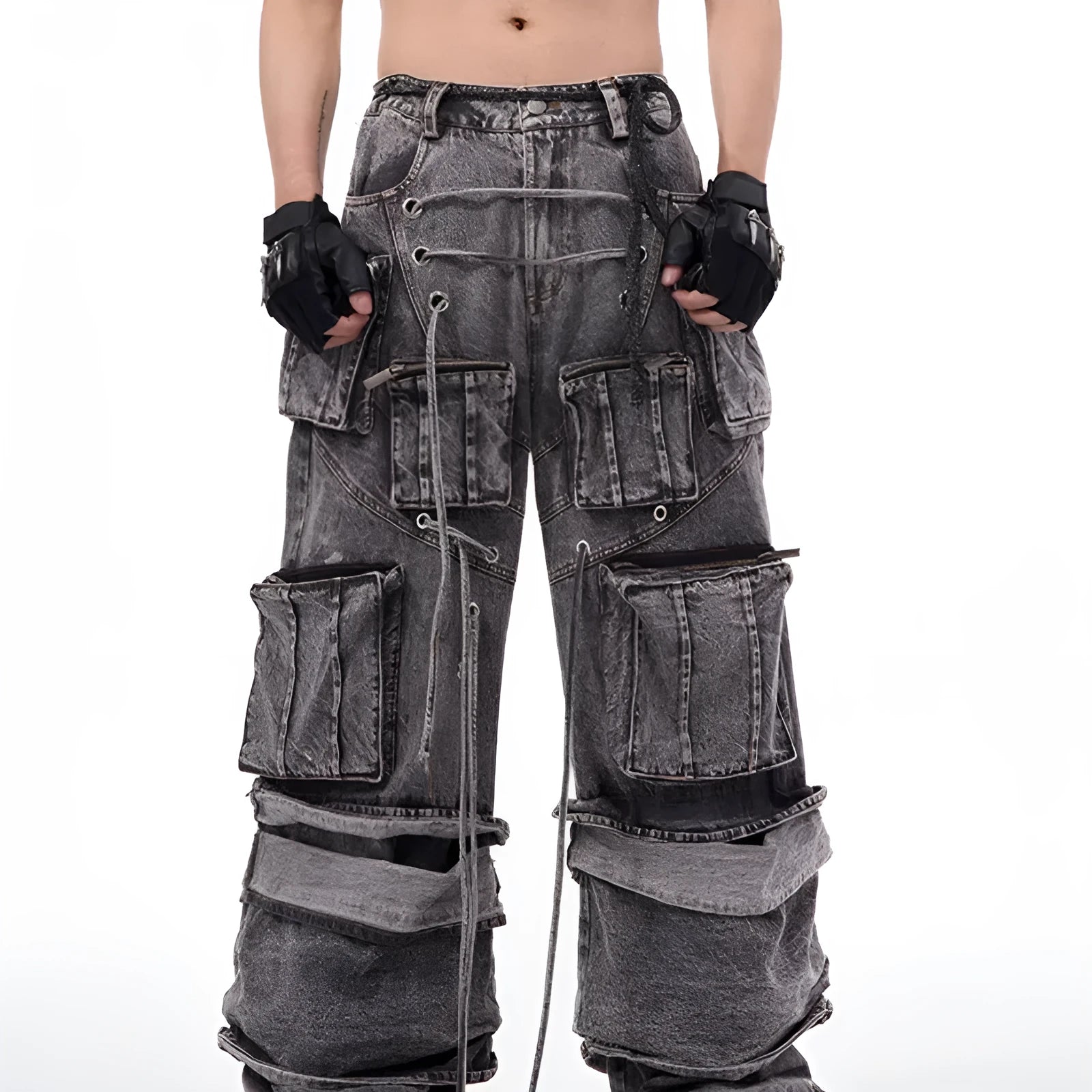 Grey distressed denim overalls jumpsuit with rope stitching on a hanger.