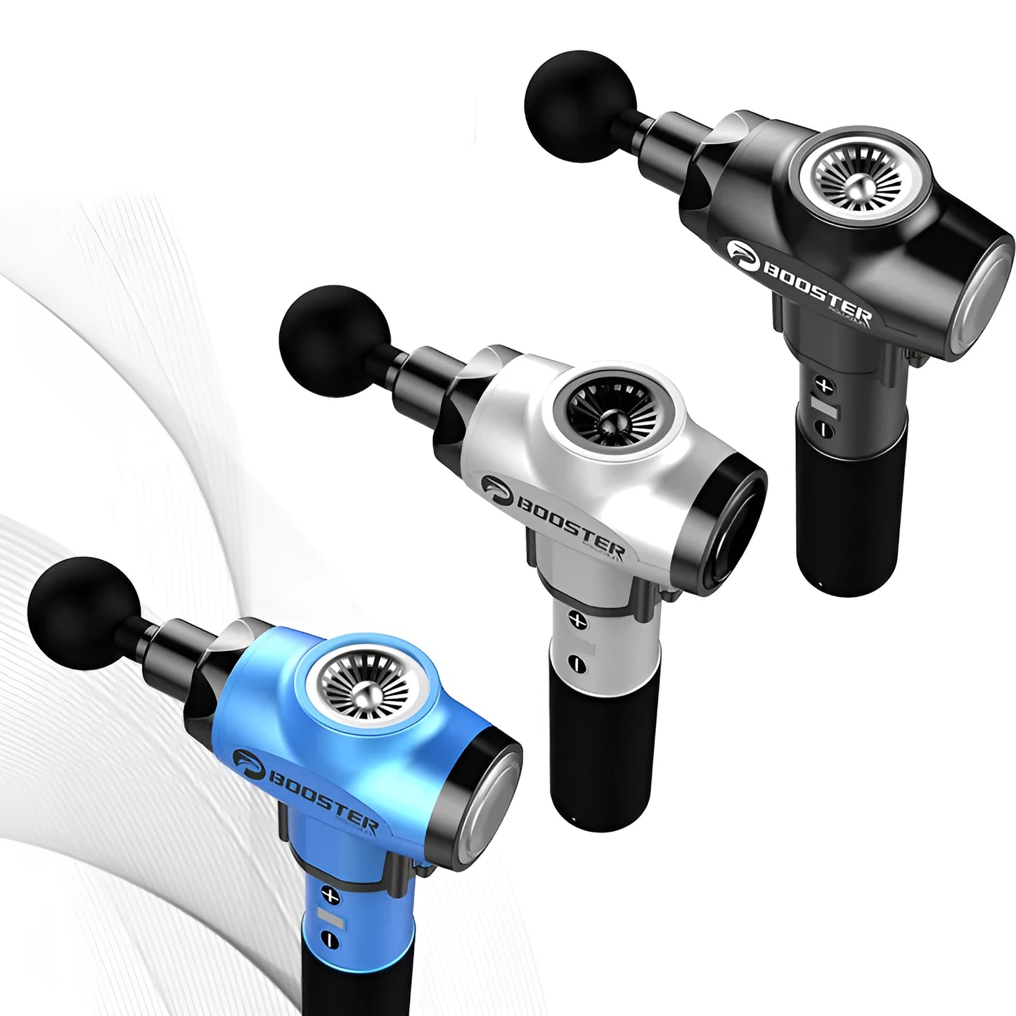 Black and white deep tissue massage gun with 12mm stroke for muscle recovery, shown at 3200 RPM speed.