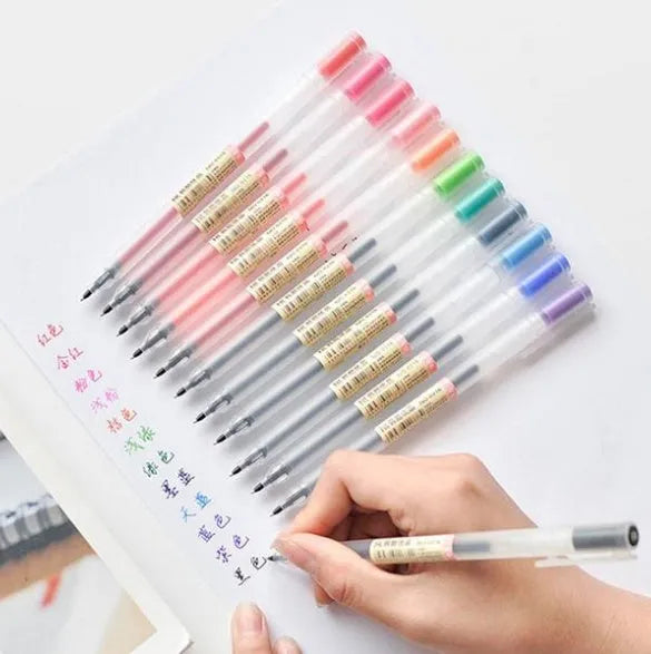 12 Muji Gel Pens with 0.5mm nibs showing ink prevention mechanism for uninterrupted writing