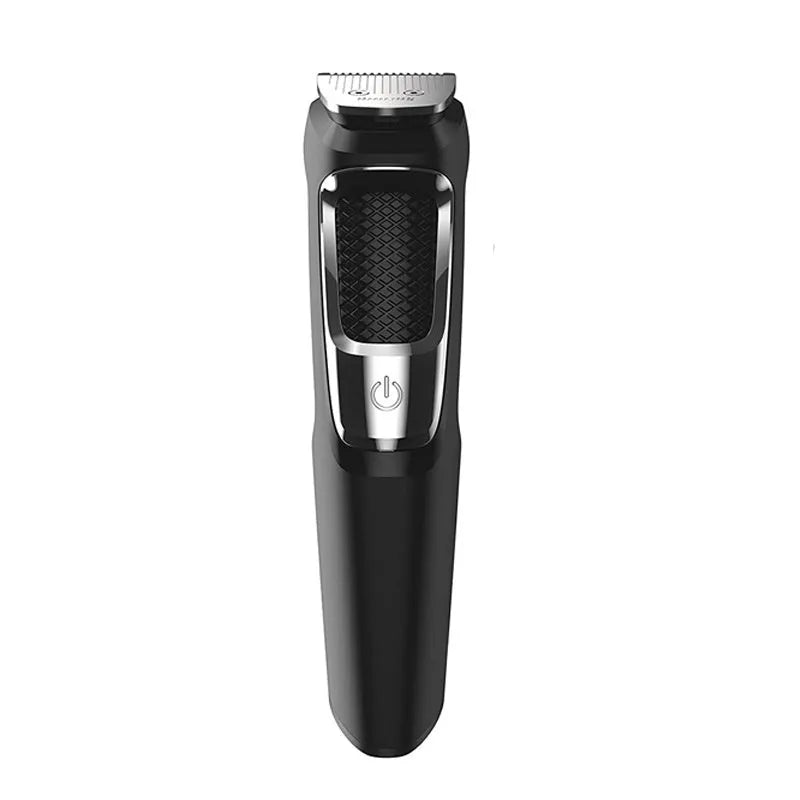 Standard colour multifunctional nose and beard hair clippers with cleaning brush on a white background.