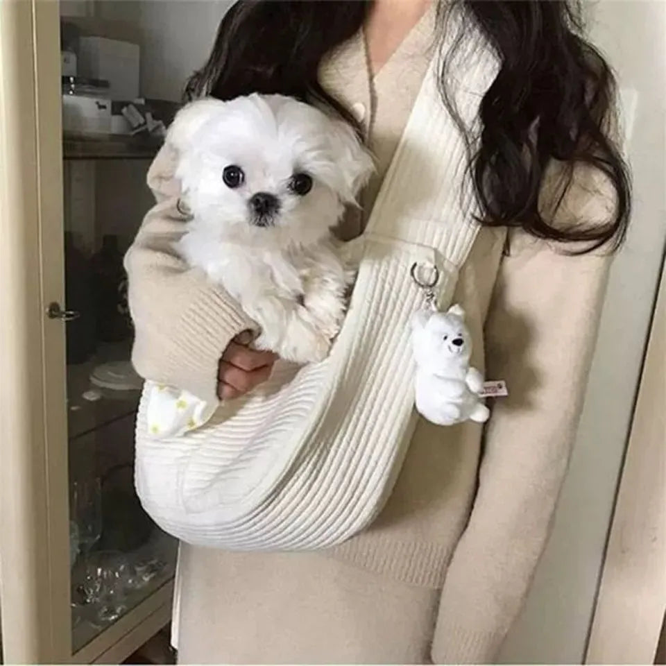 Handmade white canvas pet carrier shoulder bag for small dog or cat, sizes S and L