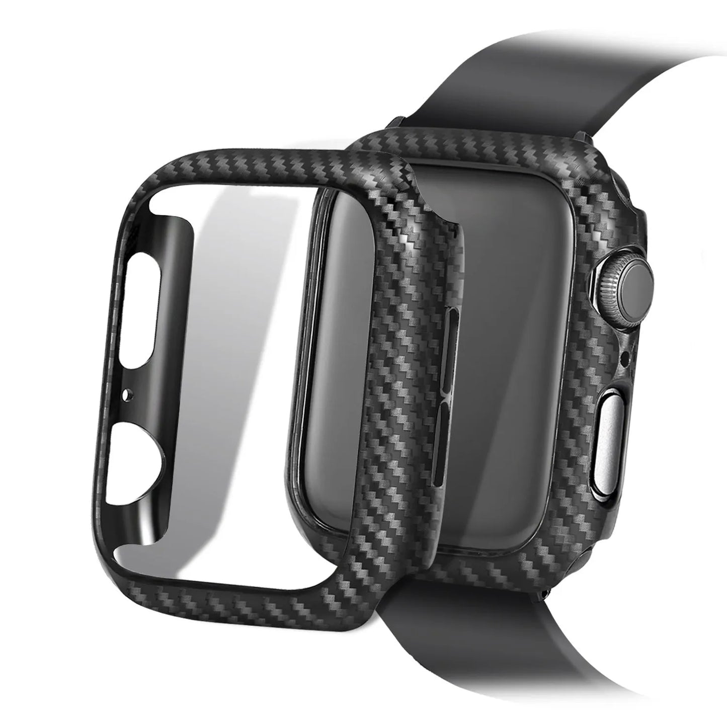 Leather Apple Watch strap with carbon fibre pattern case in red, black, orange, and blue colour options.
