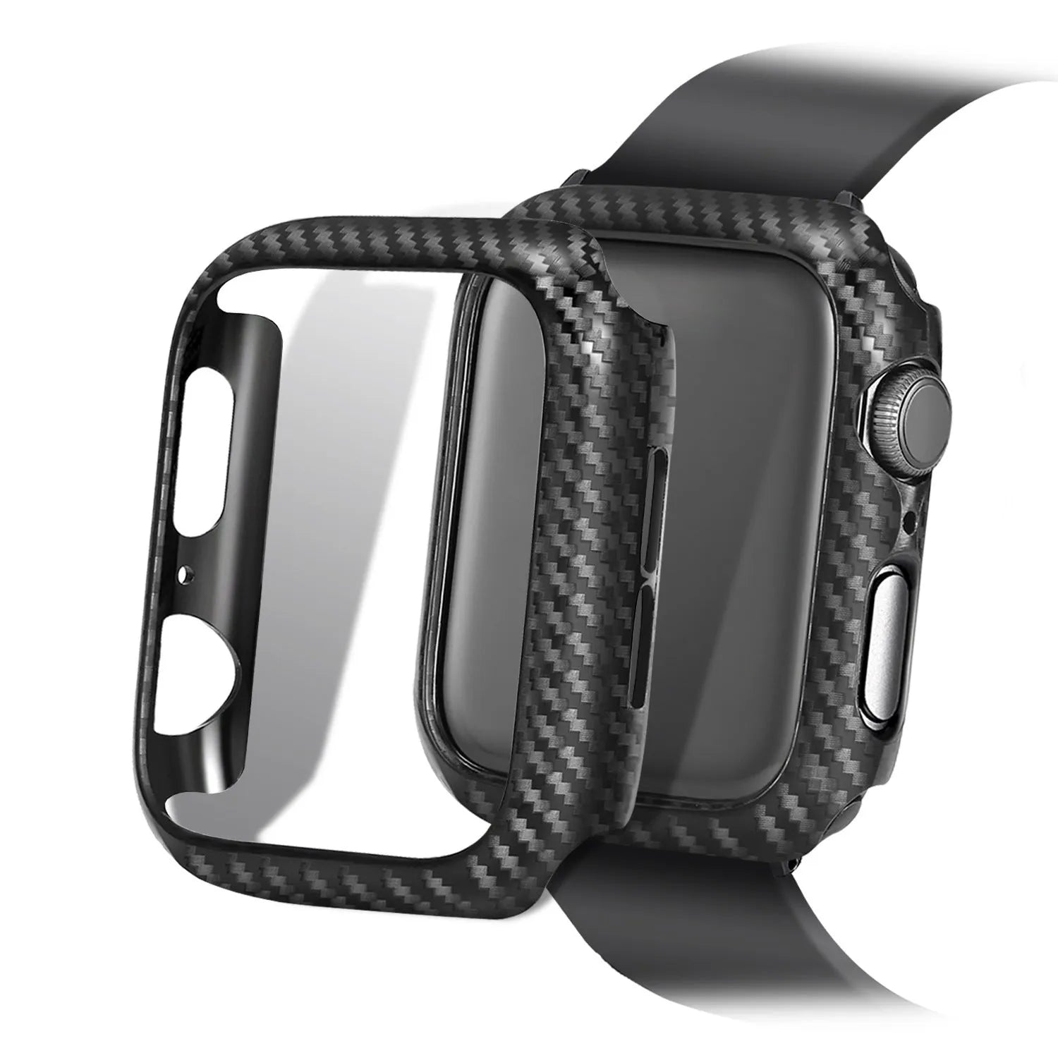 Leather Apple Watch strap with carbon fibre pattern case in red, black, orange, and blue colour options.