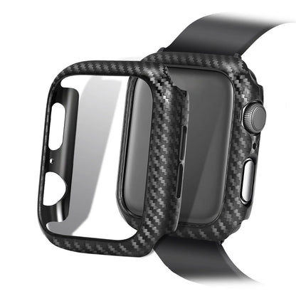 Leather Apple Watch strap with carbon fibre pattern case in red, black, orange, and blue colour options.