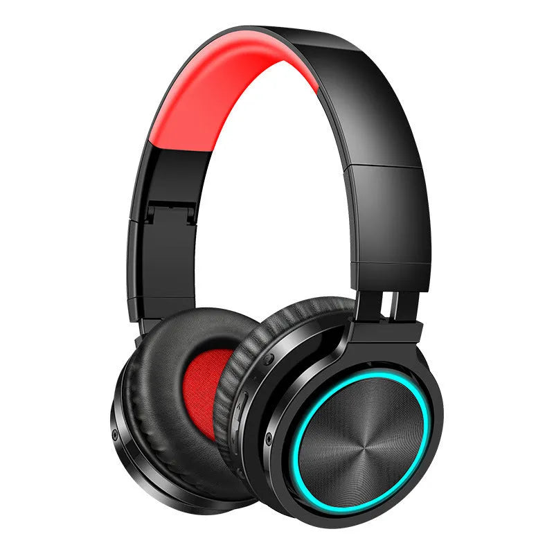 Wireless folding over-ear headset shown in black, black and red, and white and grey colour options.