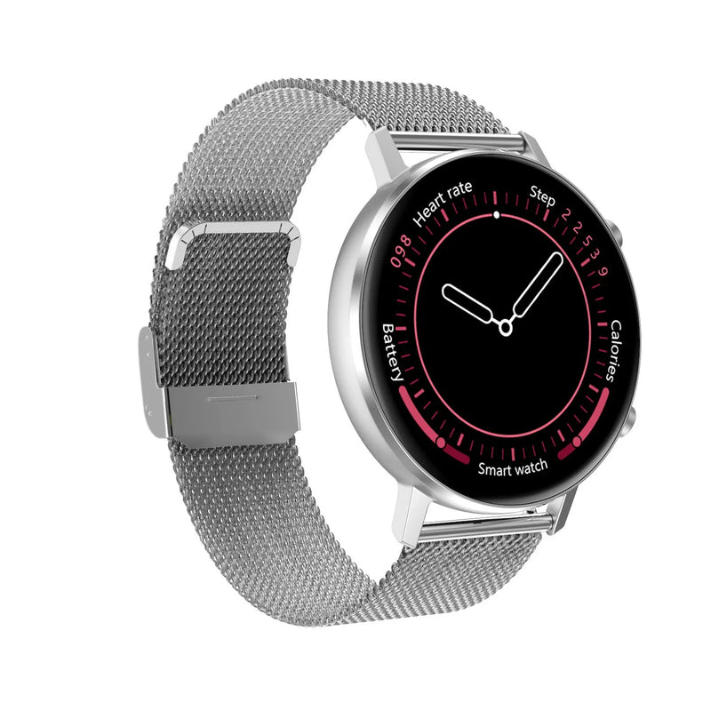 DT96 smart bracelet fitness tracker with 1.3-inch screen, USB 3.0 interface, and steel wrist strap available in black, rose gold, or silver colours, measuring 42.5mm by 65mm.