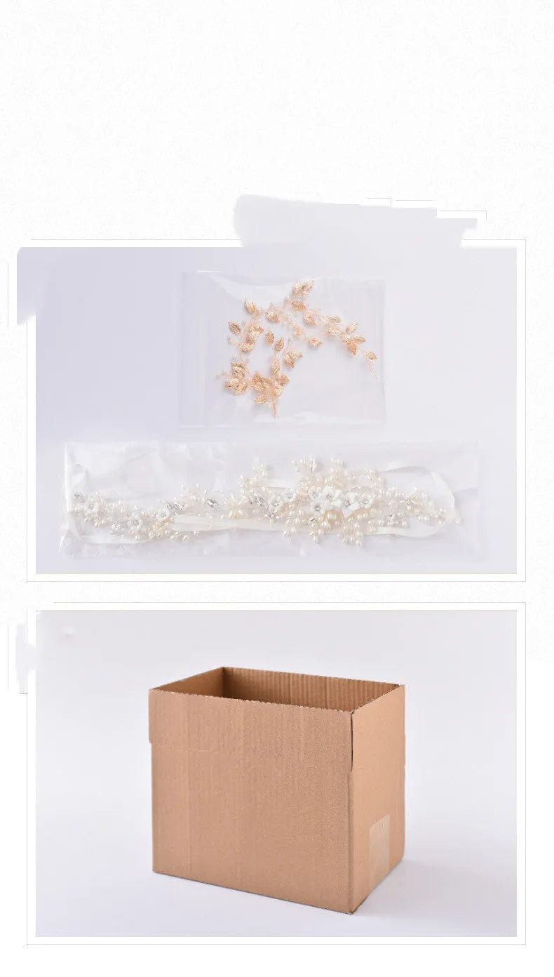 Gold bridal hair clip 27 x 13cm and earrings 6.5 x 4cm with rhinestone, crystal and imitation pearl details.