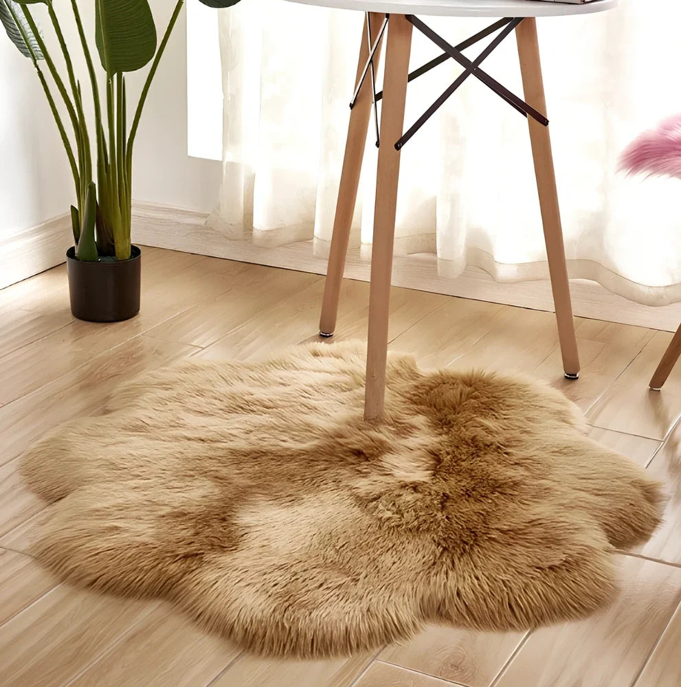 Artificial woolen carpet rug with floral sheepskin pattern in plush fabric, available in multiple sizes and colours