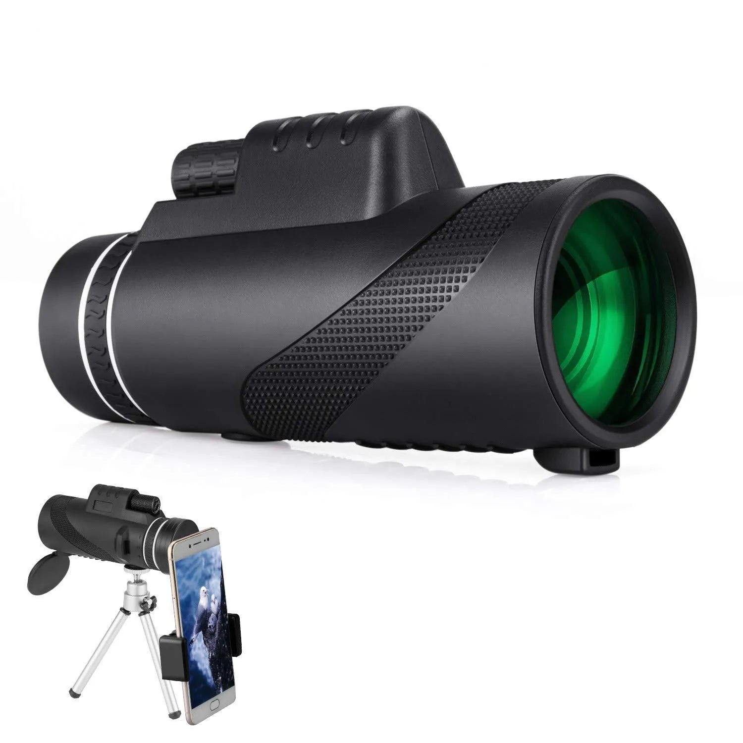 Black HD 40x60 monocular telescope with smartphone attached, showing 40x magnification and compact design.