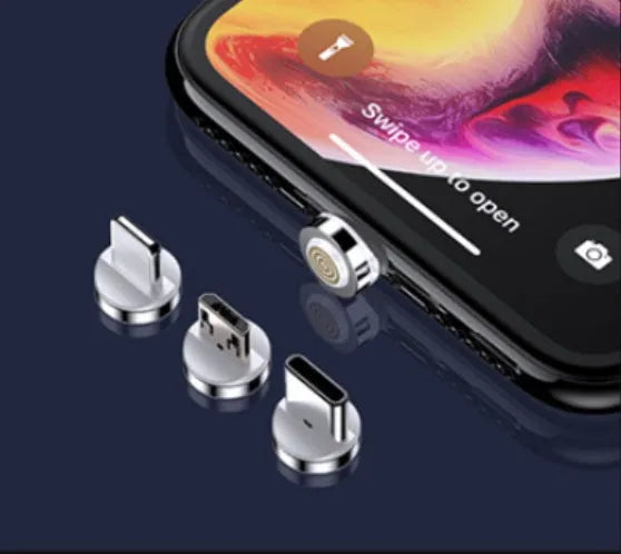 Black magnetic fast charge cable with LED light and three interchangeable tips for iPhone, Android, and Type-C connectors
