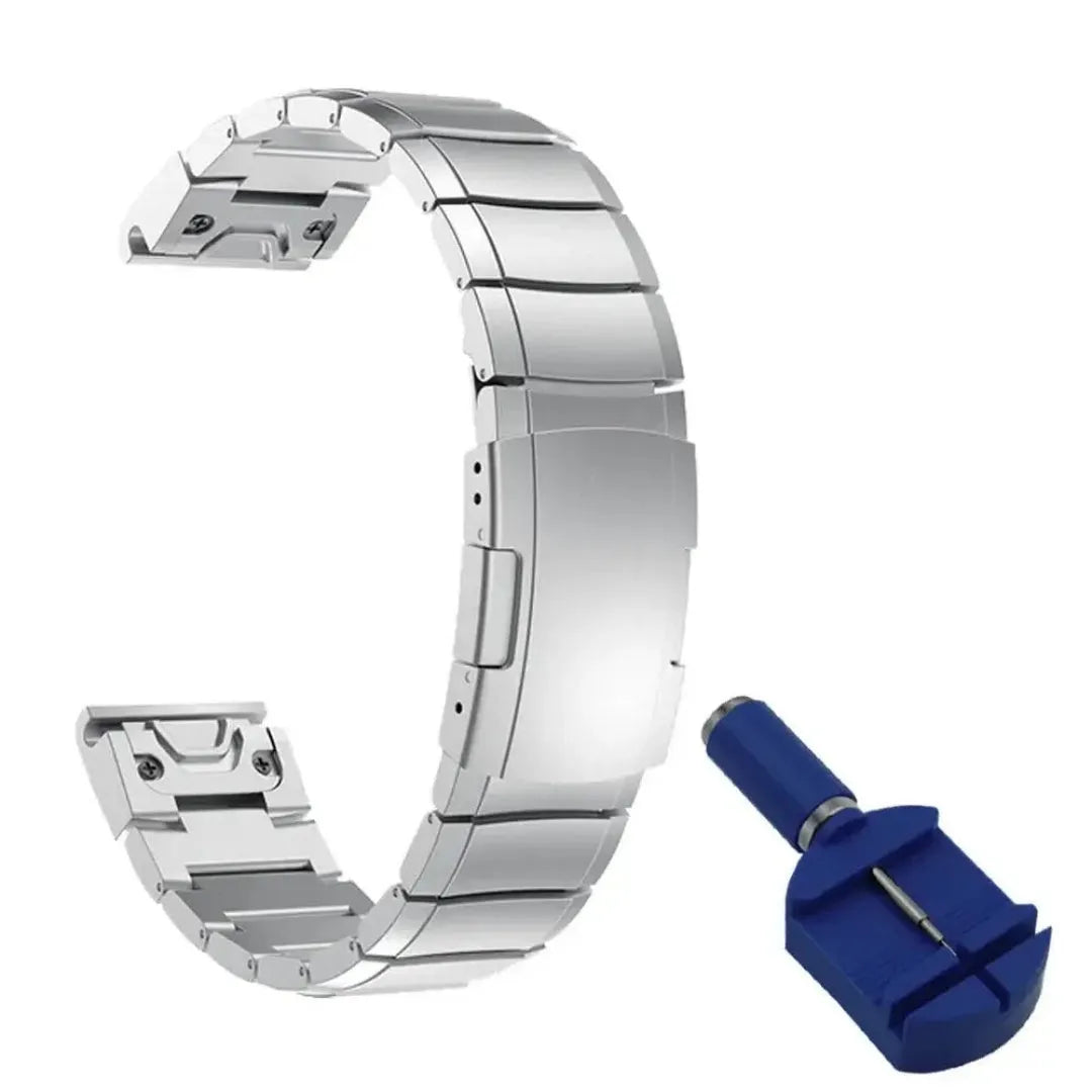 Stainless steel watch band for Garmin Fenix smartwatch, showing straight buckle and metal links.