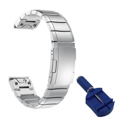 Stainless steel watch band for Garmin Fenix smartwatch, showing straight buckle and metal links.