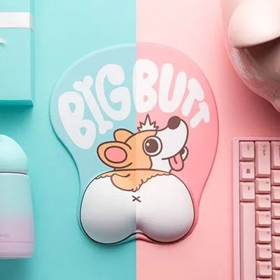 Corgi-shaped 3D mouse pad with wrist support cushion in blue, green, pink or yellow colour options