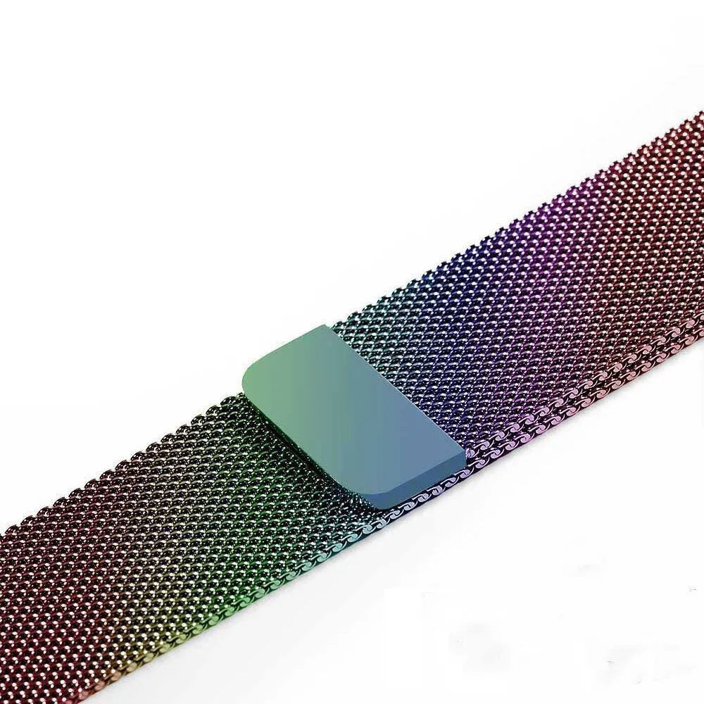 Stainless steel Apple Watch strap in silver on a wrist, showing the metal links and secure clasp.
