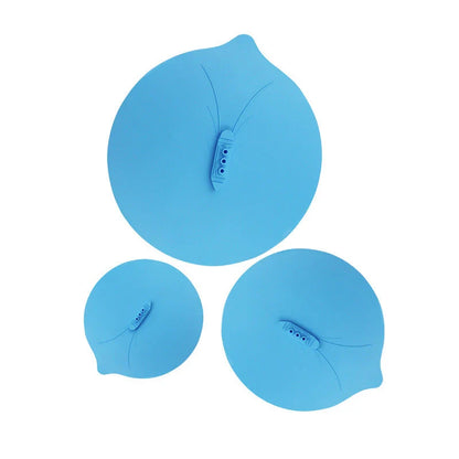 Creative silicone pot lid in blue color, designed with a unique shape and hook for easy storage
