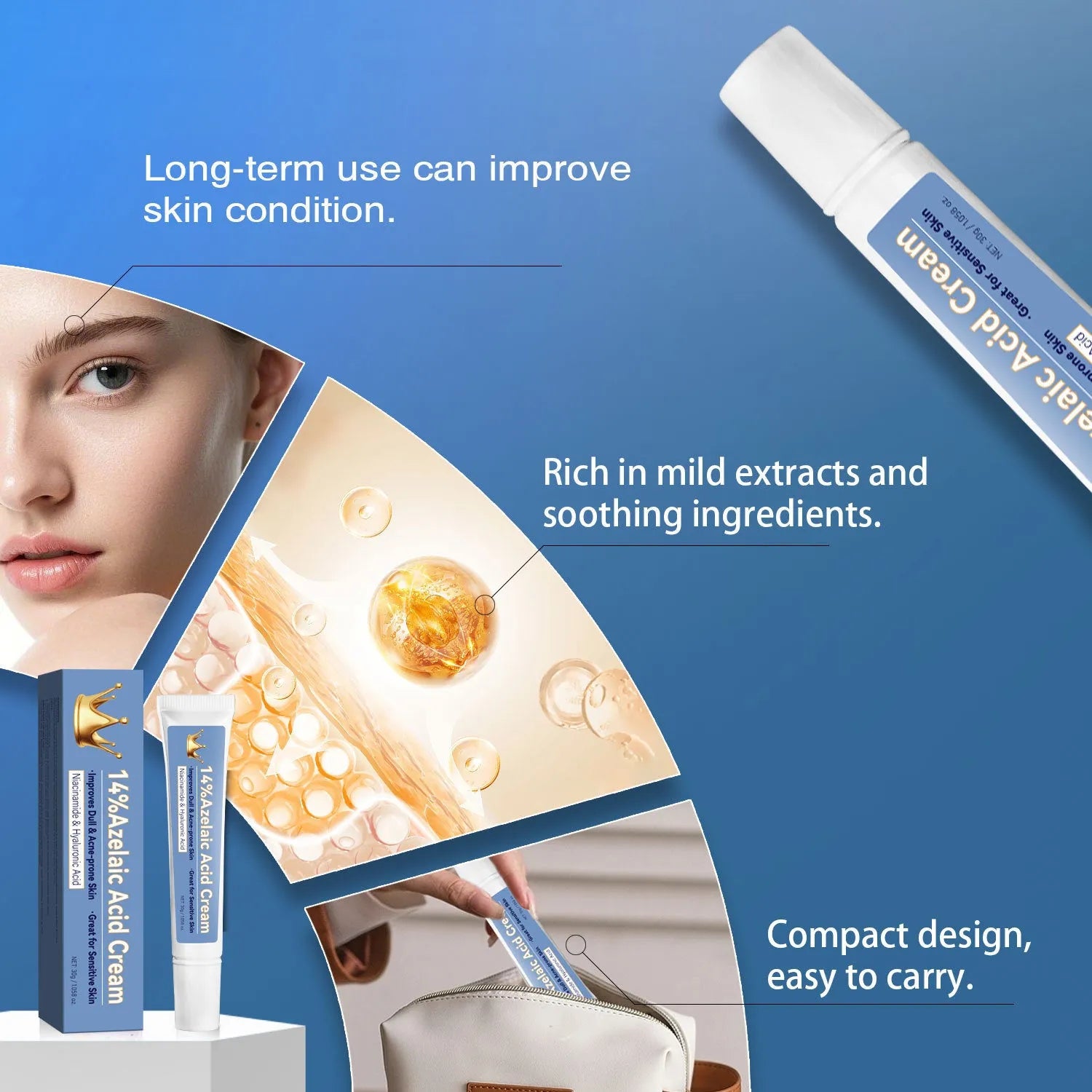 Blue azelaic acid cream tube with 30g content and FPA035 product code