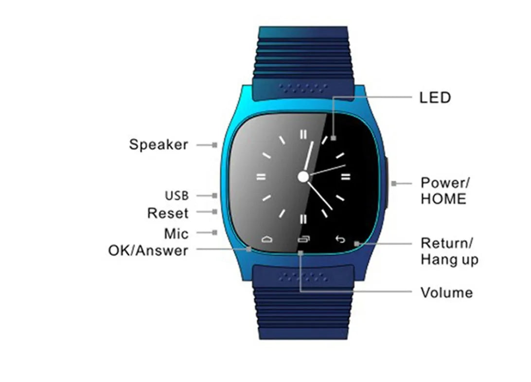 Bluetooth sports watch in white, blue, or black compatible with Apple iPhone and Android smartphones