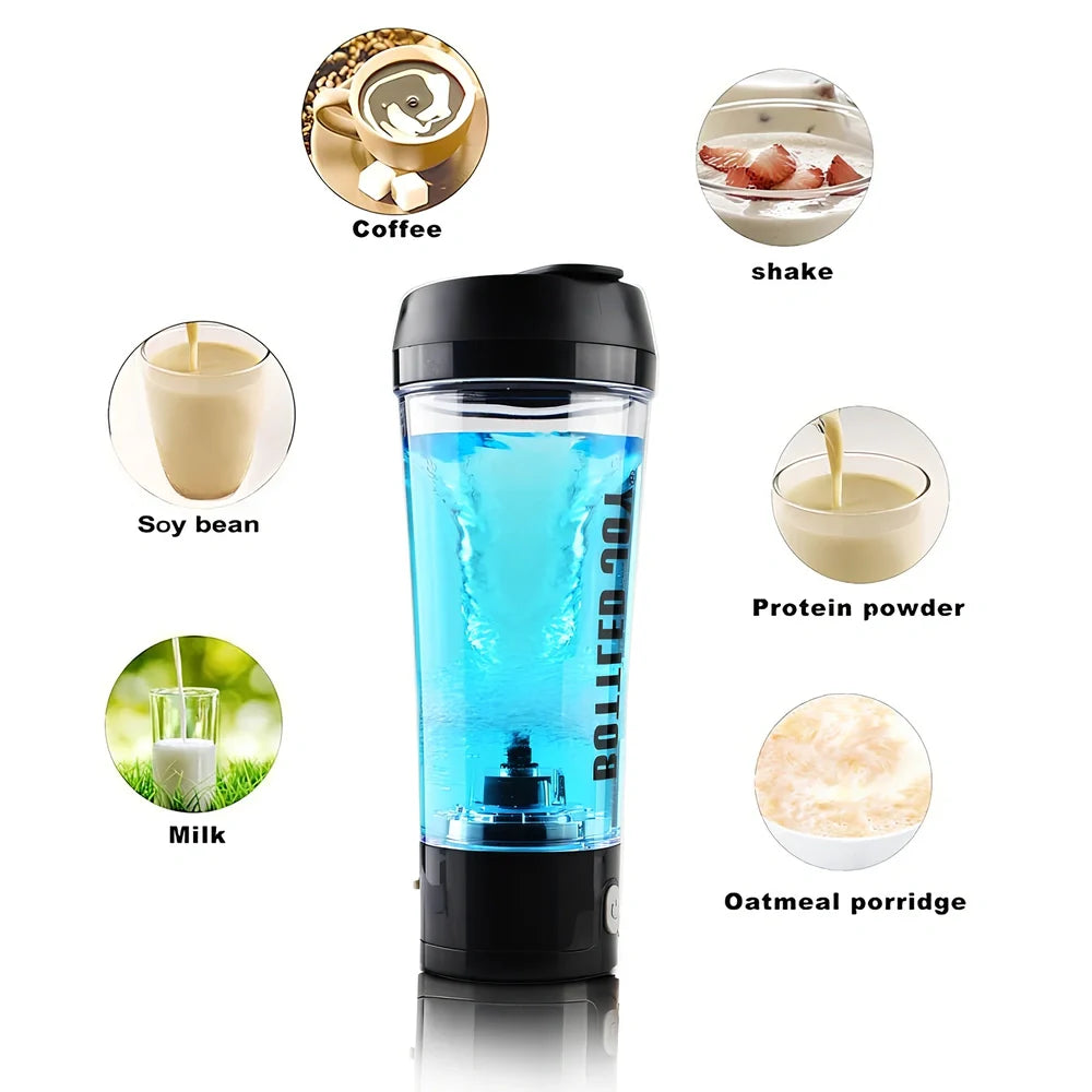 Black USB electric shaker bottle with measurement markings and automatic mixing technology