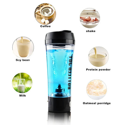 Black USB electric shaker bottle with measurement markings and automatic mixing technology