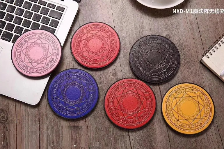 10W Mini Magic Array Wireless Charger in one of six colours: brown, cherry pink, red, black, yellow, or blue.