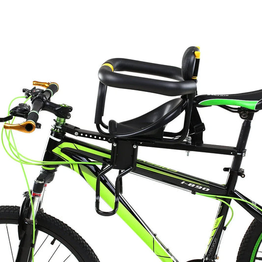 Black front bicycle child seat with 20kg capacity, foldable pedals, and aluminum frame mounted on bike seatpost