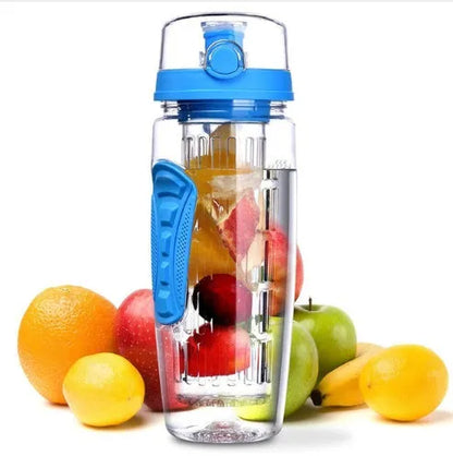 Black fruit infuser shaker bottle with removable transparent fruit holder, 900ml capacity.