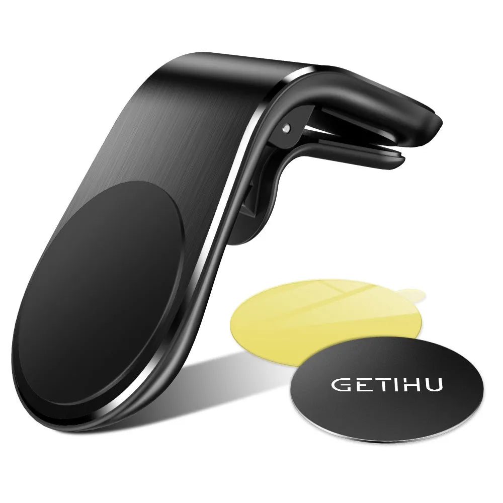 Black, gold, and silver car mounting bracket for dashboard or windscreen, shown with adhesive sticker and rotating variants.
