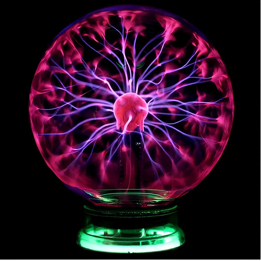 Plasma lightning ball with electrostatic induction showing colourful electrical discharges on glass surface