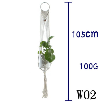 Handmade beige cotton rope net bag holding a plant pot, showing its textured sling design.