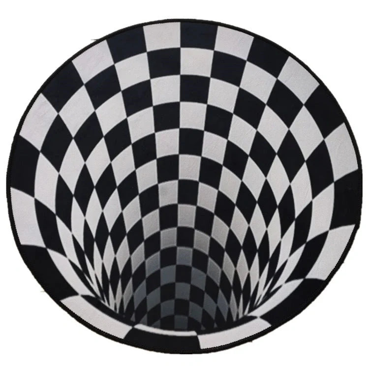 3D geometric round carpet with black and white vortex illusion design